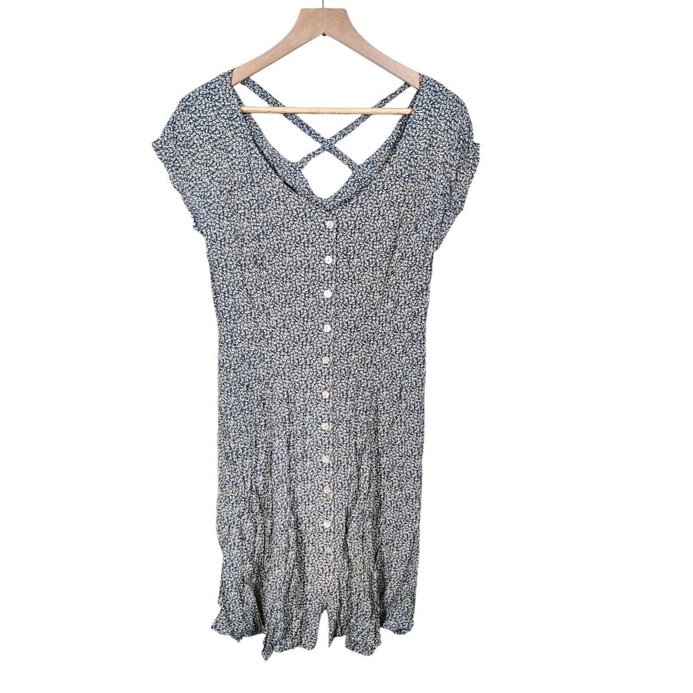 Vintage Ann Taylor 90s Dress Size 10 Blue Floral Criss Cross Strappy Back USA